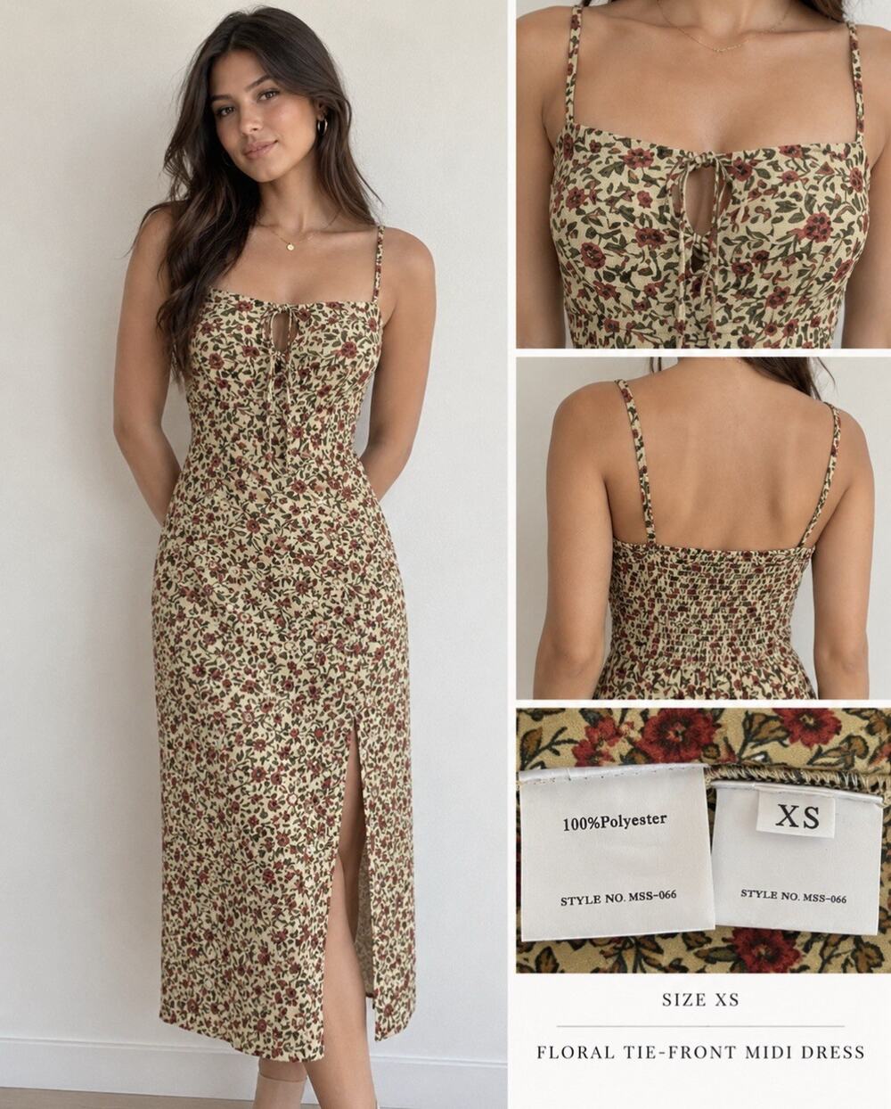 Y2K Cottagecore No Brand Women's Tie-Front Midi Dress Size XS Floral Print 2000s